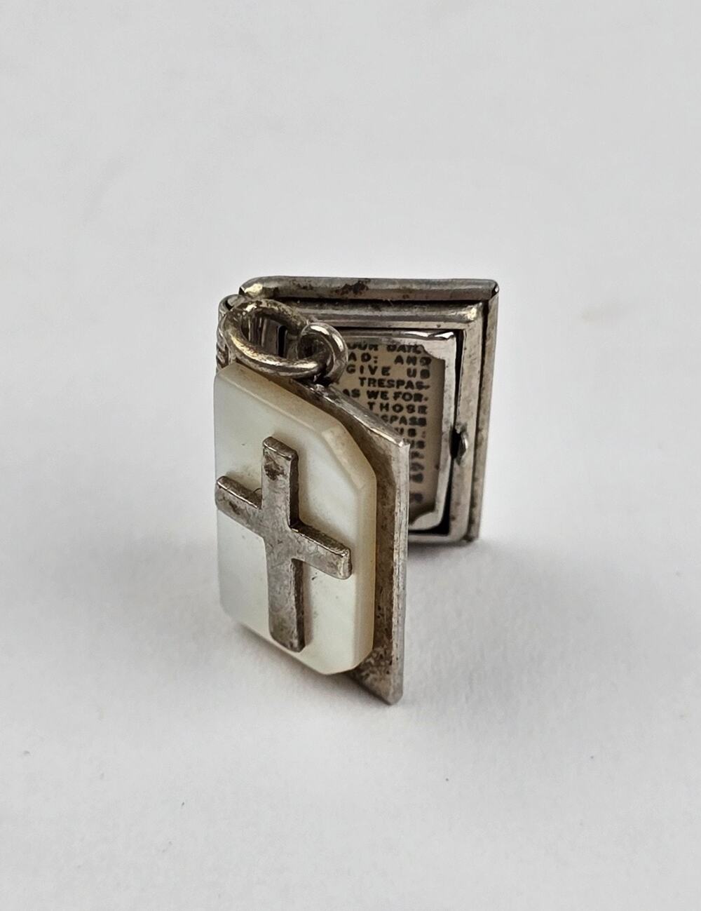 JMF Co. Vintage Sterling silver Lord's Prayer Book Charm Mother Pearl Cross 14mm